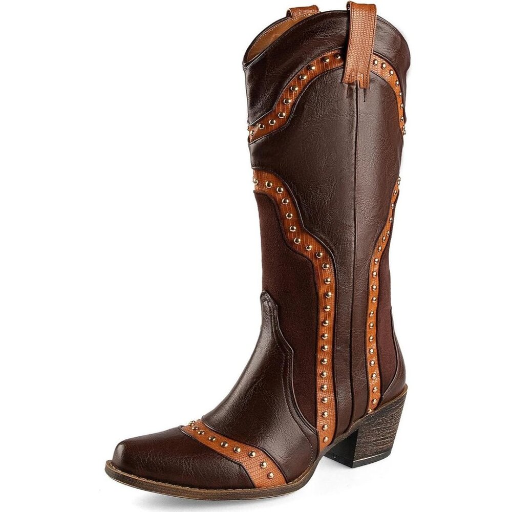 Women's Brown Cowboy Boots Cowgirl Ladies Pointed Toe Pull Mid Calf Retro Boots